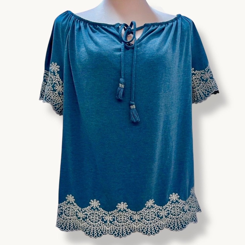 Adrianna Papell Blue Embroidered Peasant Blouse Boho Tassel Top Size Large